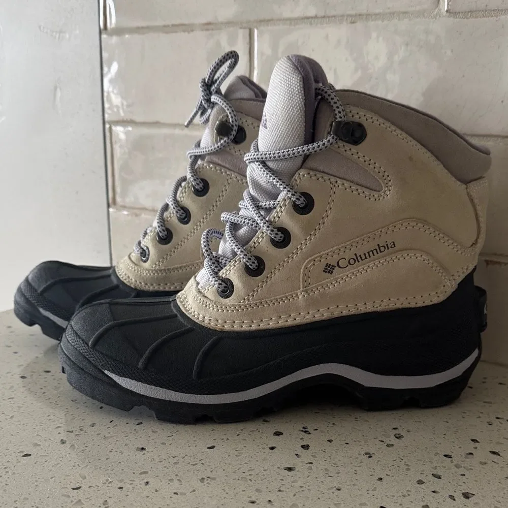 Columbia Snow King Women’s Leather Rubber Beige Gray Purple Snow Boots Size 6.5